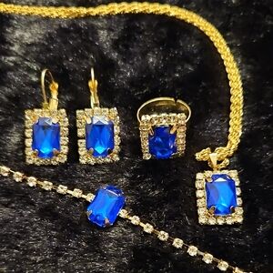 Gold-Tone Blue Crystal Jewelry Set - Necklace, Earrings, Ring, Bracelet 19"